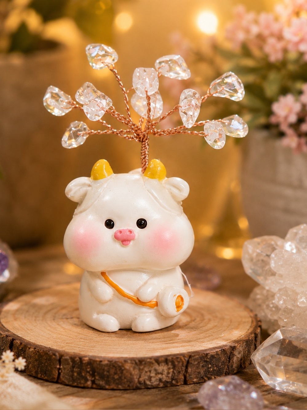 Crystal Tree Cow Figurine, Gemstone Bonsai Ox Sculpture, Lucky Feng Shui Decor